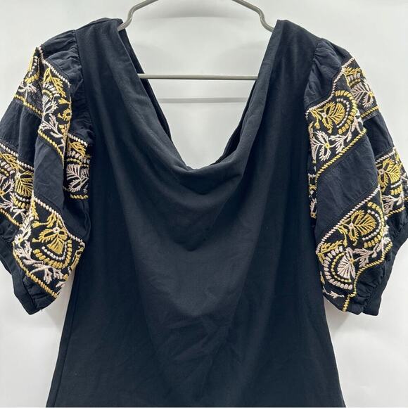Free People Rock With It Black‎ Embroidered Off the Shoulder Pullover Top Sz M - Picture 3 of 11